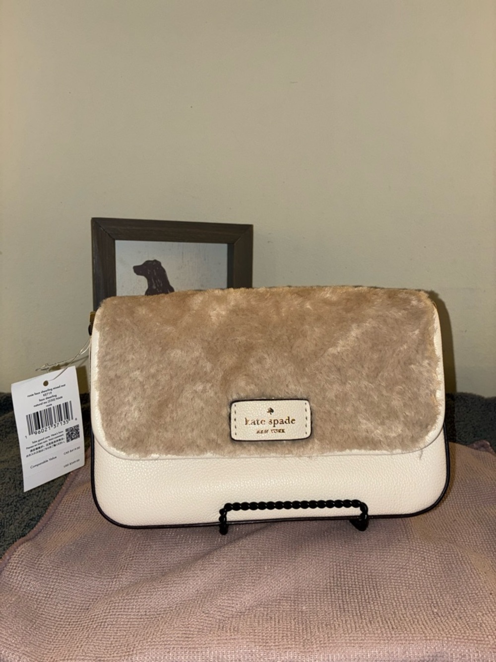 kate spade Two-Tone Faux Fur Flap Crossbody in Beige and Cream